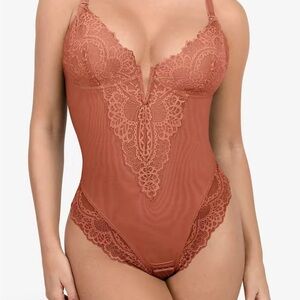 POPILUSH XL Deep-V Neck Built-in Shaper Lace Bodysuit  Elegant Adjustable